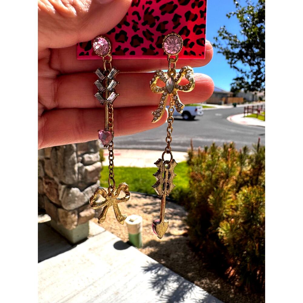 Betsey Johnson Mismatch Earrings pink crystal studs bow arrow motifs accents